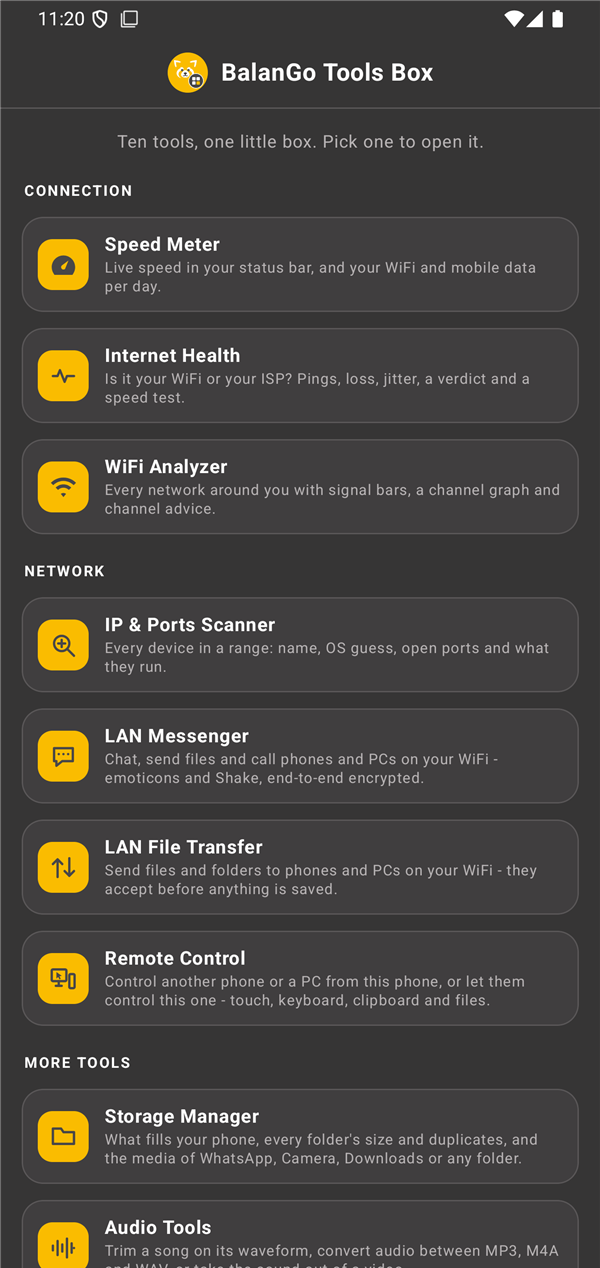 BalanGo Android Tools Box: its home screen with every tool