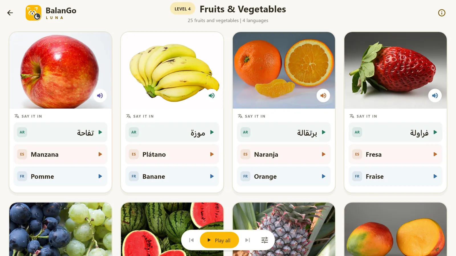 Fruits and Vegetables level with photos and words in four languages