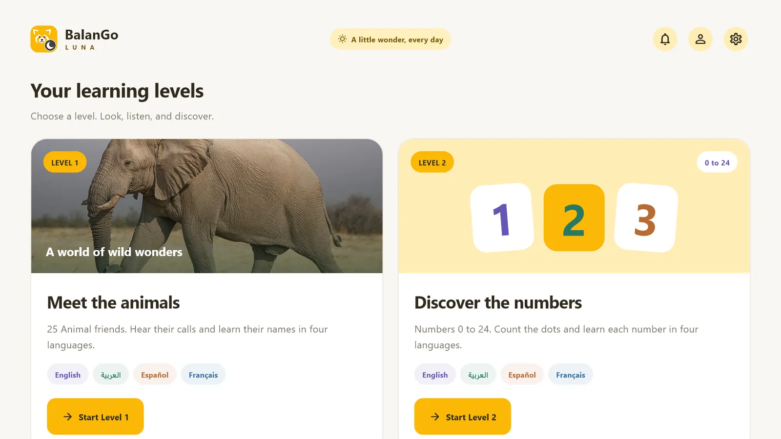 BalanGo Luna home page with the Animals and Numbers levels