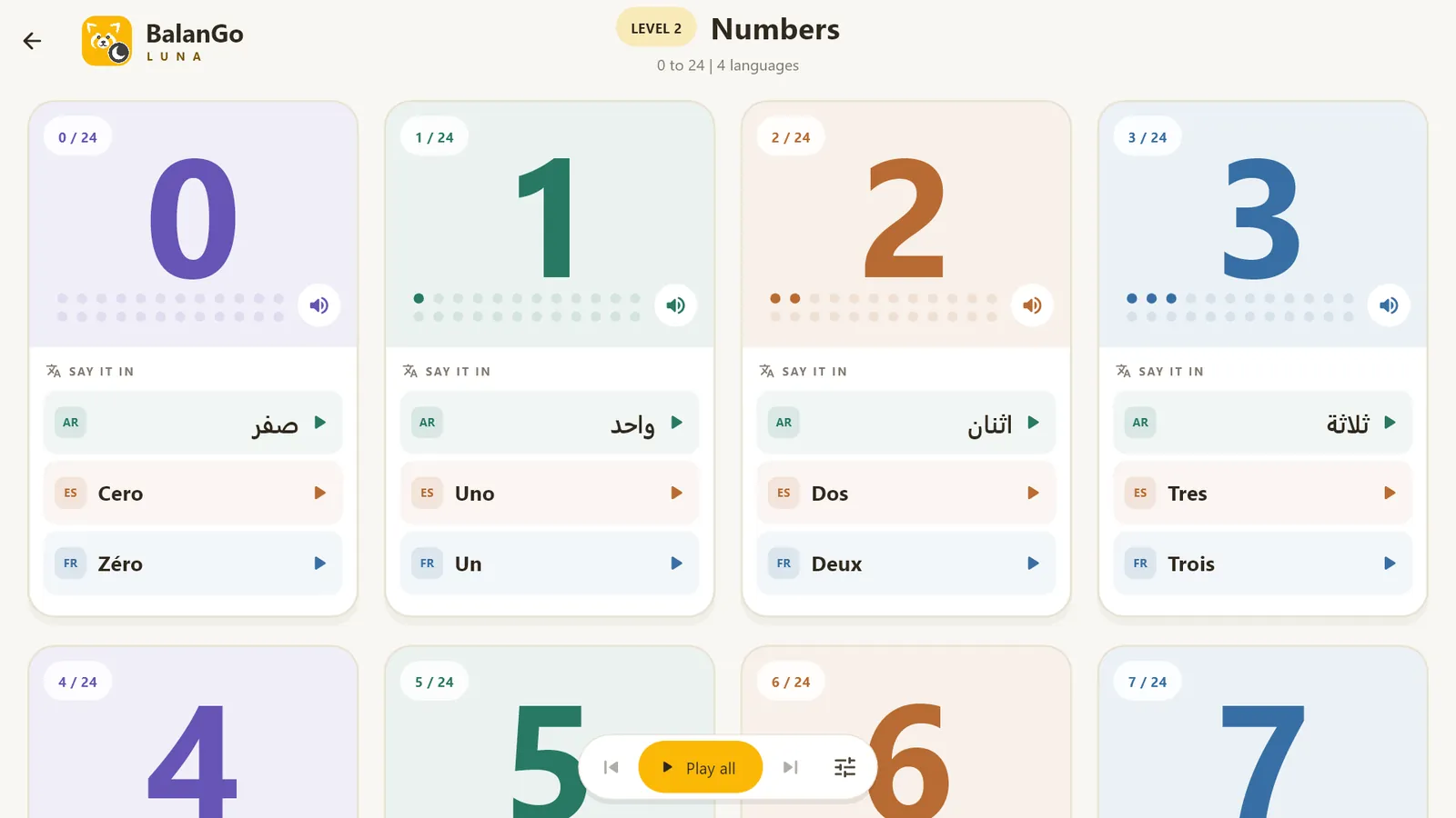 Numbers level: numbers with counting dots and their words in four languages