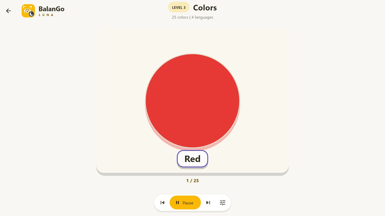 Play all mode showing one color at a time with its name