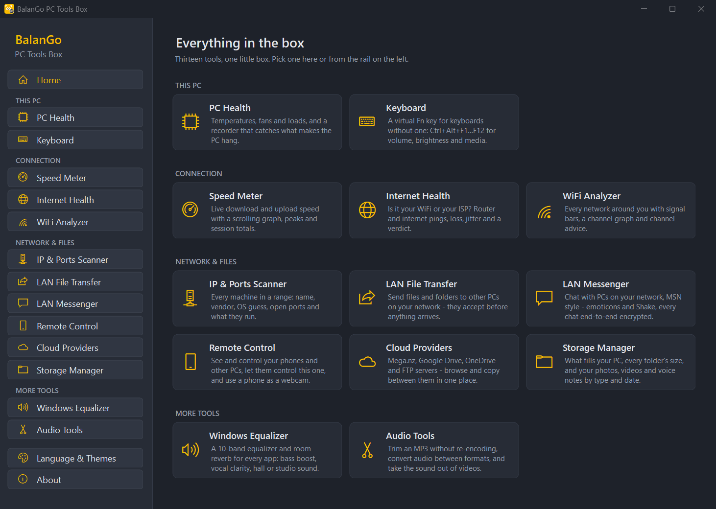 BalanGo PC Tools Box: every tool in the rail on the left and on its Home page